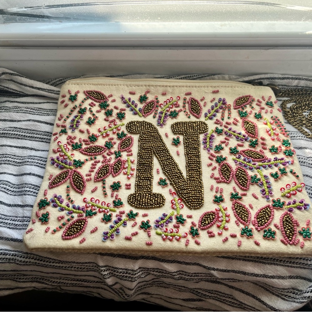America & Beyond “N” Seed Bead Embellished Bag with Matching Wallet